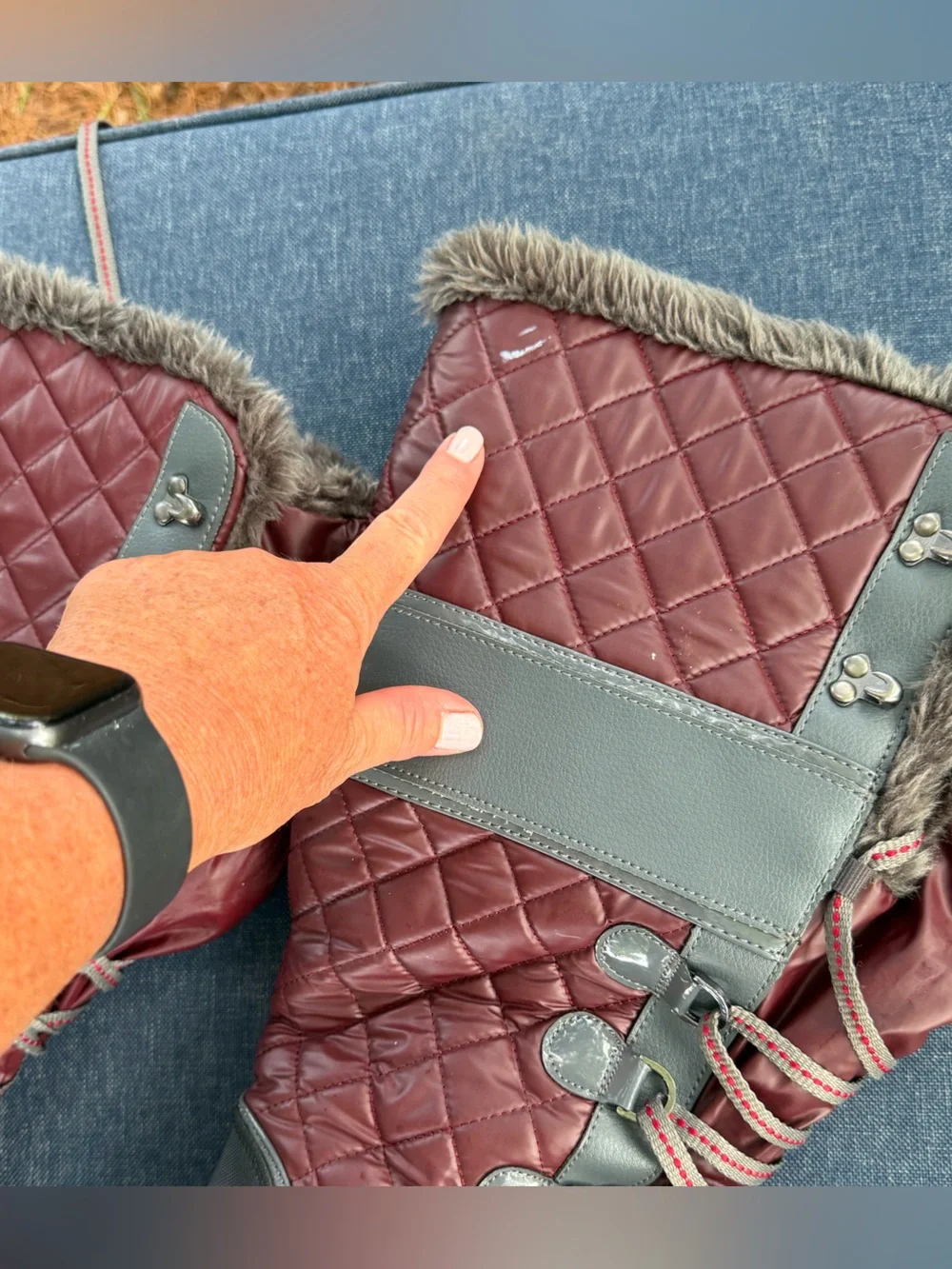 Women's Quilted Faux-Fur Winter Boots - Gray and Burgundy- waterproof